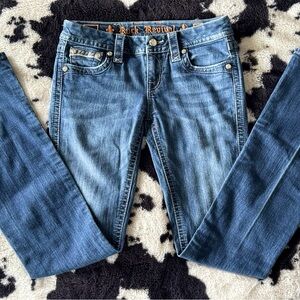Rock Revival Blue Boot Cut Jeans with Faded Thighs